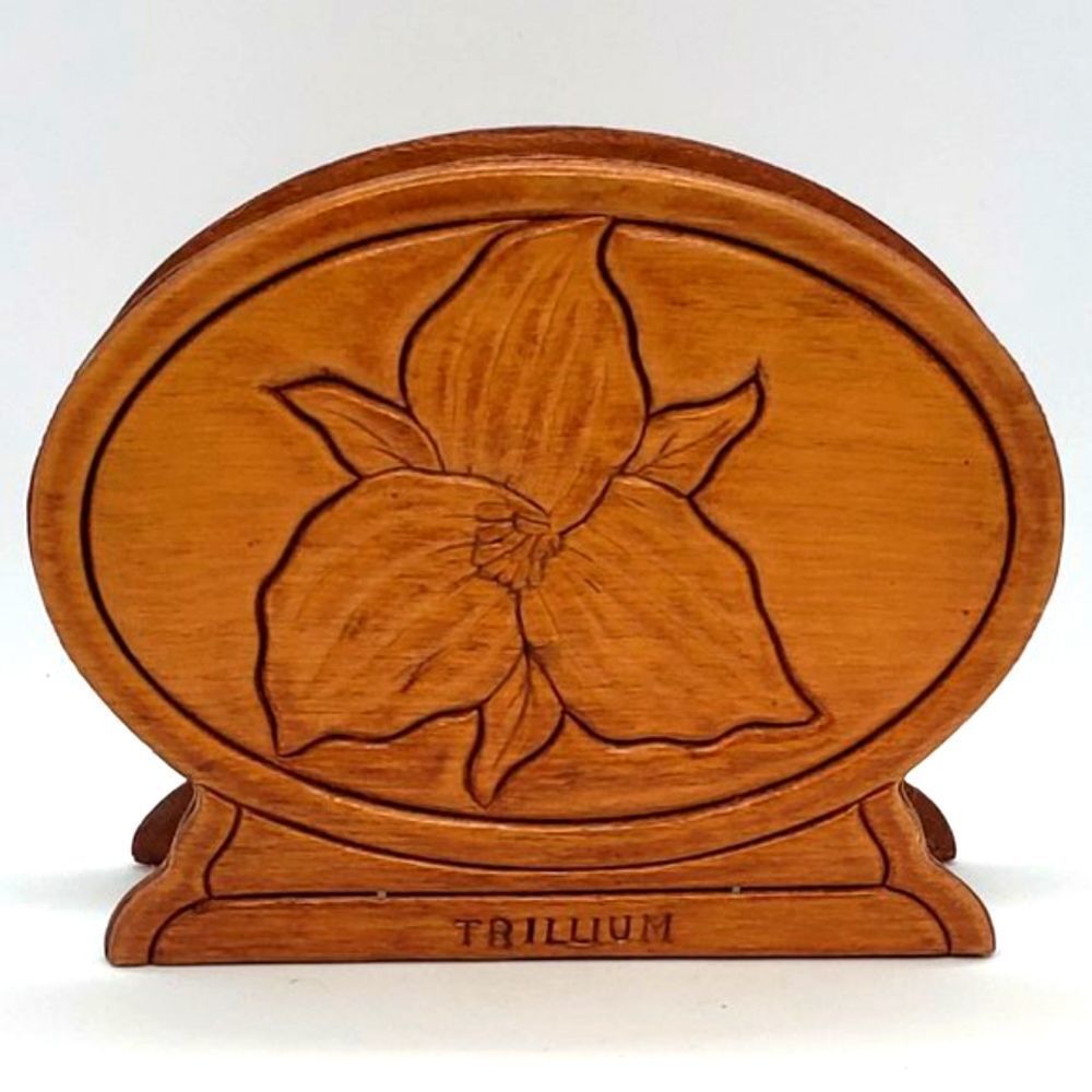 Hand Carved Vintage Wooden Oval Trillium Flower Napkin Holder